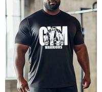 Shein Camiseta de manga corta casual de talla grande para hombres, con diseño gráfico de eslogan "GYM WARRIORS", apta para actividades al aire libre, deport