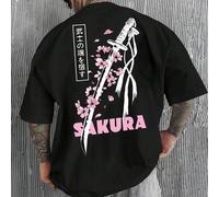 Shein Camiseta de manga corta casual para hombres de corte suelto con cuello redondo y estampa gráfica de espada y flor de cerezo, color negro