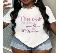 Shein Camiseta de manga corta casual para mujer con tipografía brillante que dice "Dios tiene un plan", cita de las Escrituras inspiradora, regalo religioso