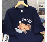 Shein Camiseta de manga corta casual y holgada de 100% algodón con estampado divertido de gato "Estoy bien" para talla grande unisex, verano