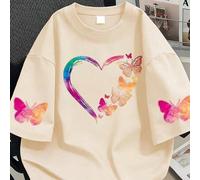 Shein Camiseta de manga corta casual y versátil con cuello redondo y estampado de corazones & mariposas para mujer de talla grande, adecuada para vacaciones
