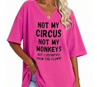 Shein Camiseta de manga corta con cuello en V de talla grande para mujer - "No es mi circo, no son mis monos" Impresión de letras en negrita, Camiseta casua