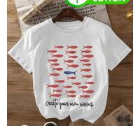 Shein Camiseta de manga corta con cuello redondo casual para mujer con estampado gráfico único de pez y eslogan 'Crea tus propias olas', top de punto cómodo