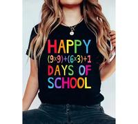 Shein Camiseta de manga corta con cuello redondo de estilo casual para mujer con fórmula matemática impresa "Felices 100 días de vuelta a la escuela", de pr
