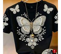 Shein Camiseta de manga corta con cuello redondo elegante de verano talla grande, bordado 3D de mariposa & floral con pedrería