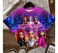 Shein Camiseta de manga corta con cuello redondo, estampado de chica de dibujos animados de colores neón estilo K-POP, de uso casual y fashionable, adecuada