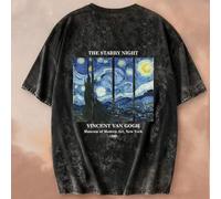 Shein Camiseta de manga corta con cuello redondo, estampado de estilo de pintura al óleo de Van Gogh, de moda y versátil para mujer