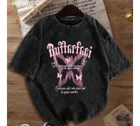 Shein Camiseta de manga corta con cuello redondo, estampado de texto gótico de mariposa en degradado, arte curativo, talla grande, adecuada para primavera,