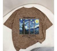 Shein Camiseta de manga corta con cuello redondo, estilo de pintura al óleo artística de Van Gogh, estampado de moda simple, tie-dye, versátil, color marrón
