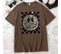 Shein Camiseta de manga corta con cuello redondo para adolescentes con estampado gráfico de tablero de ajedrez y cara de zombie floral, estilo casual y de m