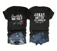 Shein Camiseta de manga corta con cuello redondo para mujer de talla grande con estampado de letras "I'm Okay" y "Beautifully Broken", color negro, lavable