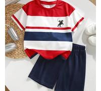 Shein Camiseta de manga corta con cuello redondo para niños, con estampado minimalista clásico de rayas y silueta de caballero a caballo, adecuada para el v