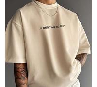 Shein Camiseta de manga corta con cuello redondo, transpirable, con estampado de eslogan "Long Time No See", versátil y casual, de moda para hombre, verano