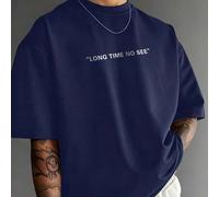 Shein Camiseta de manga corta con cuello redondo, transpirable, con estampado de eslogan "Long Time No See", versátil y casual, de moda para hombre, verano