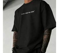 Shein Camiseta de manga corta con cuello redondo, transpirable, con estampado de eslogan "Long Time No See", versátil y casual, de moda para hombres, verano