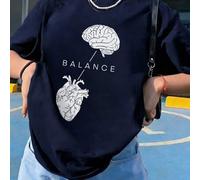 Shein Camiseta de manga corta con cuello redondo y ajuste holgado, diseño gráfico minimalista de equilibrio entre cerebro y alma, estilo vintage americano m