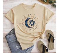 Shein Camiseta de manga corta con cuello redondo y estampa de sol y luna para mujeres