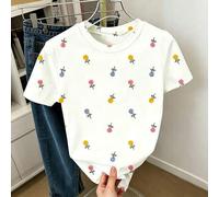 Shein Camiseta de manga corta con cuello redondo y estampado de flores silvestres de diente de león para niñas preadolescentes, blanca, top de verano para u