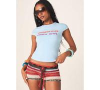 Shein Camiseta de manga corta con cuello redondo y estampado de frase "Peligroso cuando está mojado", de mezcla de algodón, para moda casual de verano y pri