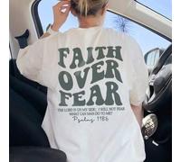 Shein Camiseta de manga corta con cuello redondo y estampado de "La creencia vence al miedo", estilo casual y de resort, uso diario esencial. Camiseta gráfi