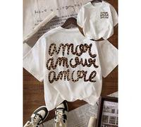 Shein Camiseta de manga corta con cuello redondo y estampado de leopardo "talla grande amor" para mujer, esencial para volver al colegio en otoño y verano