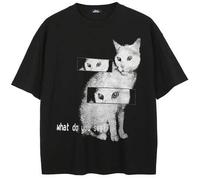 Shein Camiseta de manga corta con cuello redondo y estampado de ojos de gato retro en negro
