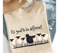 Shein Camiseta de manga corta con cuello redondo y estampado de oveja "Ser diferente es genial". Camiseta de mujer de estilo casual y suelto con estampado l