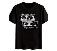 Shein Camiseta de manga corta con cuello redondo y estampado de The Eyes Chico They Never Lie, cómoda y transpirable, estilo deportivo informal, para hombre