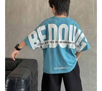 Shein Camiseta de manga corta con cuello redondo y estampado gráfico de letra grande, estilo coreano holgado, informal, para niño preadolescente, adecuada p