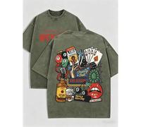 Shein Camiseta de manga corta con cuello redondo y gráfico de elementos de entretenimiento retro de póker y billar para hombres de talla grande, de moda
