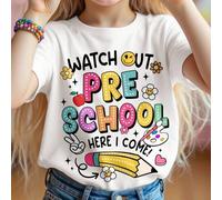 Shein Camiseta de manga corta con cuello redondo y gráfico de lápices de colores y letras "¡Cuidado pre-escuela, ya voy!" para niñas pequeñas, atuendos casu