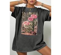 Shein Camiseta de manga corta con cuello redondo y gráfico de rosa del desierto y cactus "Florece donde estés plantado" para tallas grandes