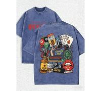 Shein Camiseta de manga corta con cuello redondo y gráficos de elementos de juegos retro, póker y billar, para hombres de talla grande, de moda