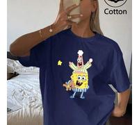 Shein Camiseta de manga corta con cuello redondo y oversize, con gráfico de Bob Esponja y Patricio usando pijamas, Bob Esponja abrazando un oso de peluche -