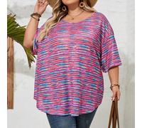 Shein Camiseta de manga corta con dobladillo curvo, estampado de flores colorido y casual para vacaciones en tallas grandes, Curve Plus, Hoho Vacation