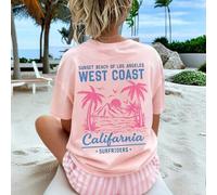 Shein Camiseta de manga corta con estampado de árbol de coco y playa para adolescentes, top casual de cuello redondo para adolescentes para vacaciones de ve