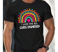 Shein Camiseta de manga corta con estampado de arcoíris y el lema "Class Dismissed", para hombre, cuello redondo, 220 g/m², para verano, de puro algodón, ma