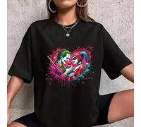 Shein Camiseta de manga corta con estampado de Black Jack y Harley Quinn, estilo informal, moda femenina, corte holgado, tejido transpirable, ropa de verano