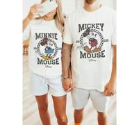 Shein Camiseta de manga corta con estampado de dibujos animados de Minnie y Mickey Mouse de estilo retro de Disney, ideal para parejas en el día a día. Lava
