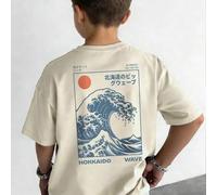 Shein Camiseta de manga corta con estampado de "La gran ola de Kanagawa" de Katsushika Hokusai, estilo ukiyo-e para niños, estilo callejero japonés casual p