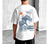 Shein Camiseta de manga corta con estampado de "La gran ola de Kanagawa" de Katsushika Hokusai, estilo ukiyo-e, para niños, estilo callejero japonés casual