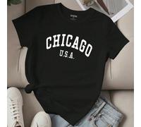 Shein Camiseta de manga corta con estampado de lema y letras CHICAGO U.S.A. para mujer - Blusas gráficas para mujer