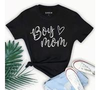 Shein Camiseta de manga corta con estampado de letra y corazón para mujer, gráfica "Boy Love Mom", tops para mujer