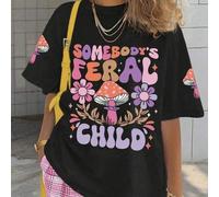 Shein Camiseta de manga corta con estampado de letras, colores artísticos y motivos de setas para niñas preadolescentes, en estilo casual de verano con flor