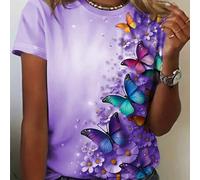 Shein Camiseta de manga corta con estampado de mariposas 3D degradado floral diminuto para mujer, camisetas gráficas de primavera/verano para mujer