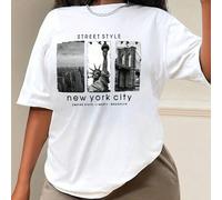 Shein Camiseta de manga corta con estampado de paisaje y letras para el verano, estilo STREET STYLE - New York City, EMPIRE STATE, LIBERTY, BROOKLYN, camise