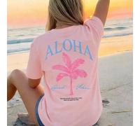 Shein Camiseta de manga corta con estampado de palma de coco de dibujos animados de resort hawaiano para adolescentes, top de cuello redondo suave para el v
