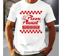 Shein Camiseta de manga corta con estampado de Pizza Planet, cuello redondo para hombre, 220 g/m², algodón puro, manga corta de verano (1 unidad)