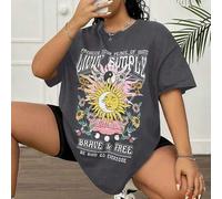 Shein Camiseta de manga corta con estampado de sol y luna para mujer de talla grande con los mensajes: "PROTEGE TU PAZ MENTAL, VIVE CON SENCILLEZ, SUEÑOS IN
