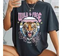Shein Camiseta de manga corta con estampado gráfico de tigre y eslogan "Wild & Free" para mujer, de corte holgado y casual, apta para festivales de música